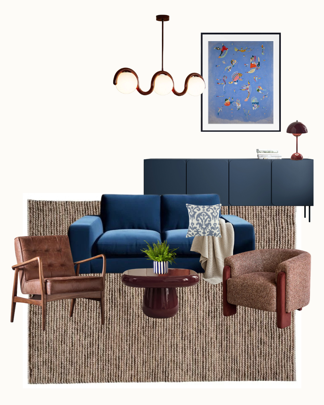 A styled interior furniture arrangement on a white background, featuring a blue sofa, brown and blush armchairs, a dark wood coffee table, a large textured beige rug, a navy sideboard, a wavy pendant light, and framed wall art.