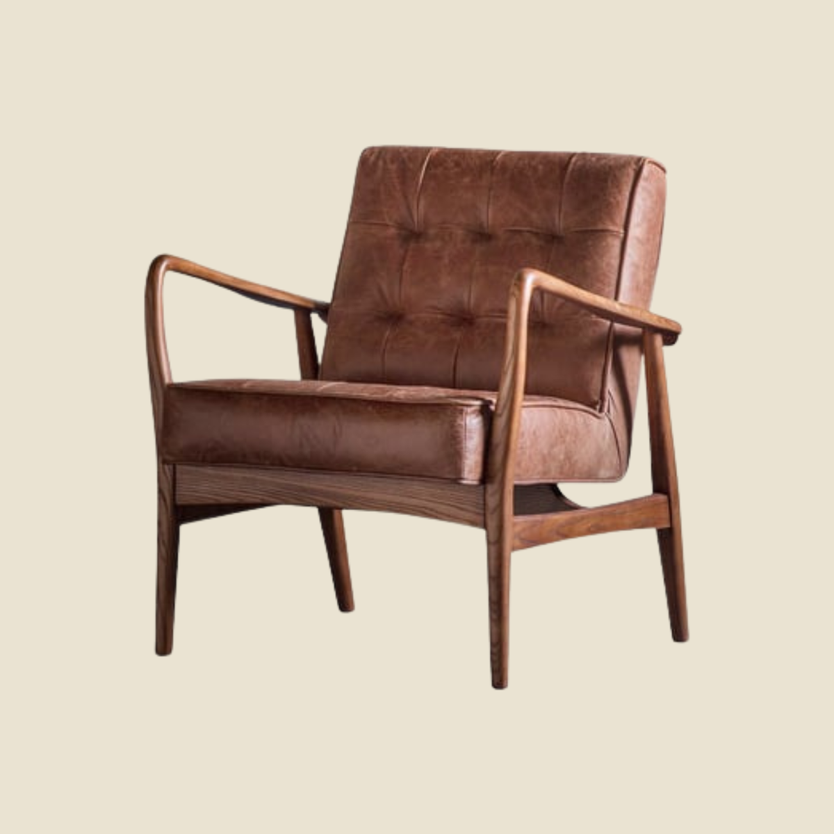 A mid-century modern armchair with brown leather tufted upholstery and a curved wooden frame, shown against a solid light beige background.