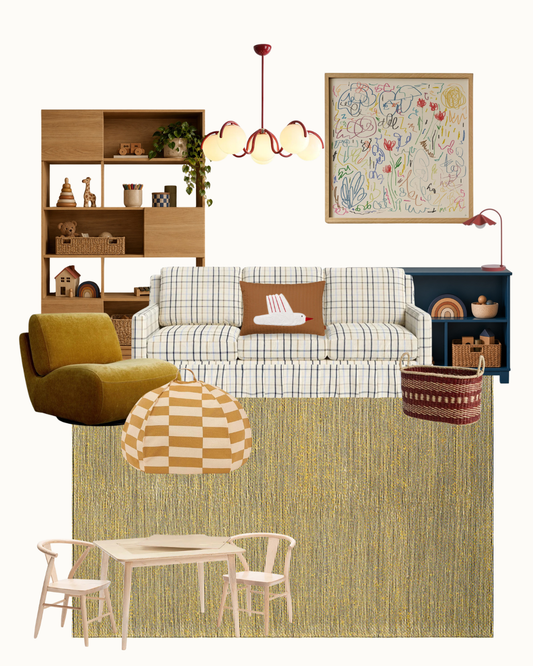 A styled interior scene collage showing a plaid sofa with a brown accent pillow, a mustard green armchair, a small wooden table and chairs, shelving, a hanging chandelier, framed wall art, and a textured rug on a white background.