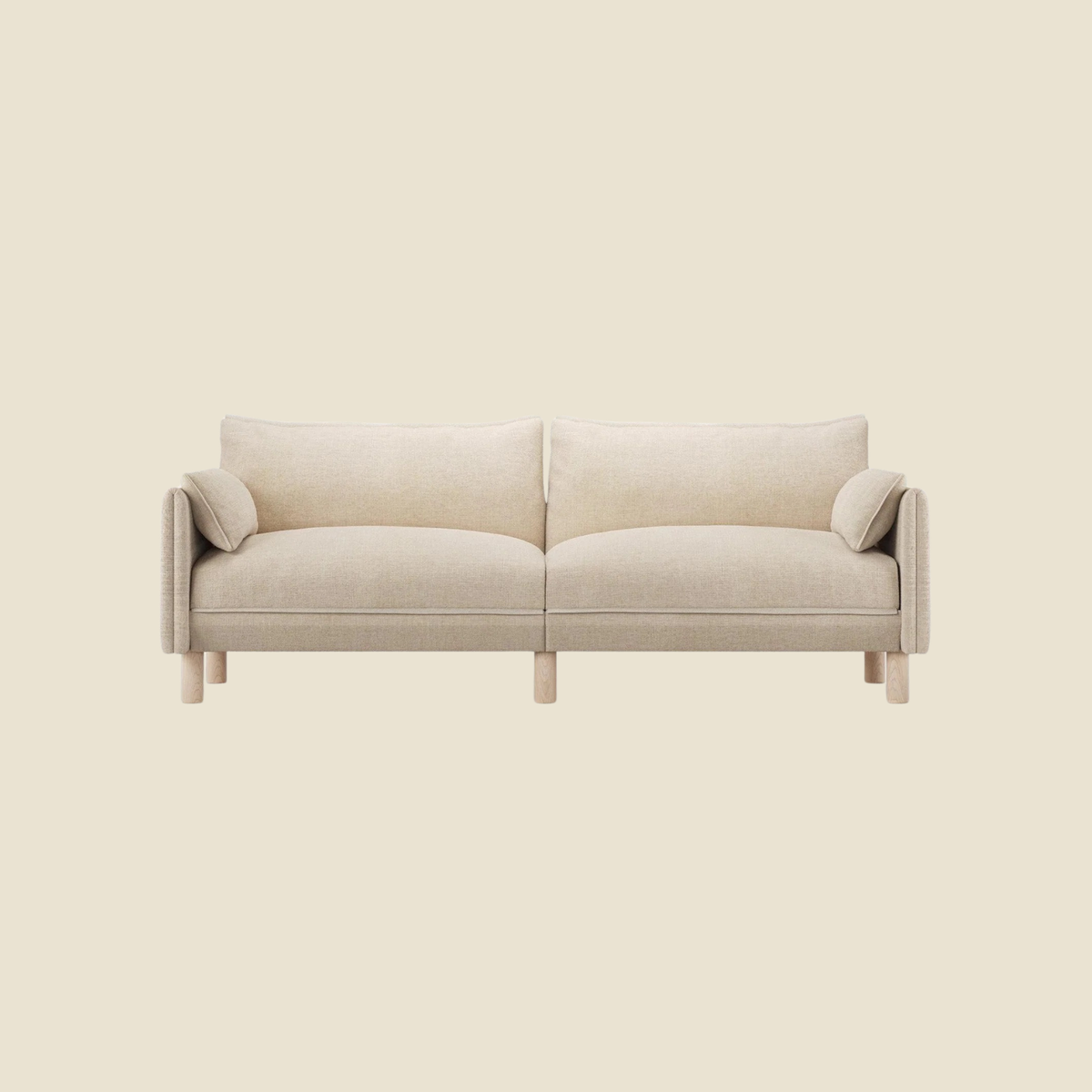 A modern two-seater sofa with a light beige textured fabric upholstery and light natural wood legs, shown against a solid cream background.