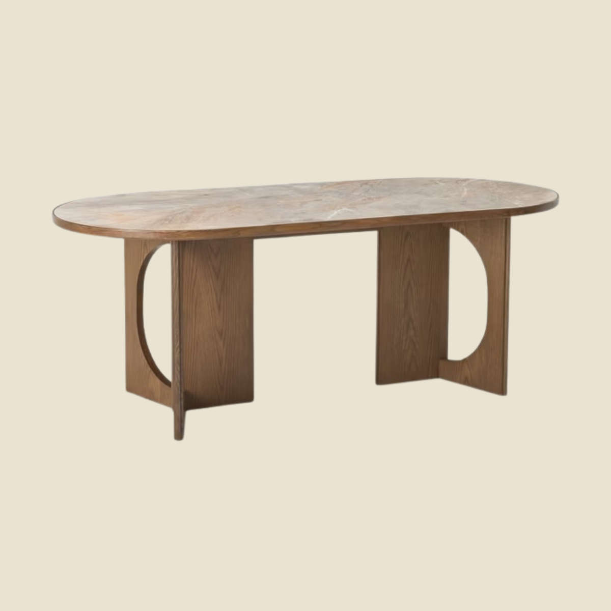 An oval wooden console table with a natural wood grain top and a sculptural pedestal base featuring cutout arches, shown against a solid light beige background.