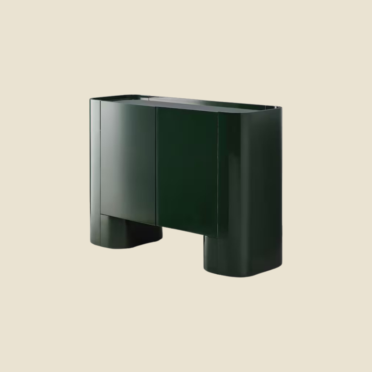 A modern dark green sculptural sideboard or console table with a glossy finish, shown against a solid light beige background.