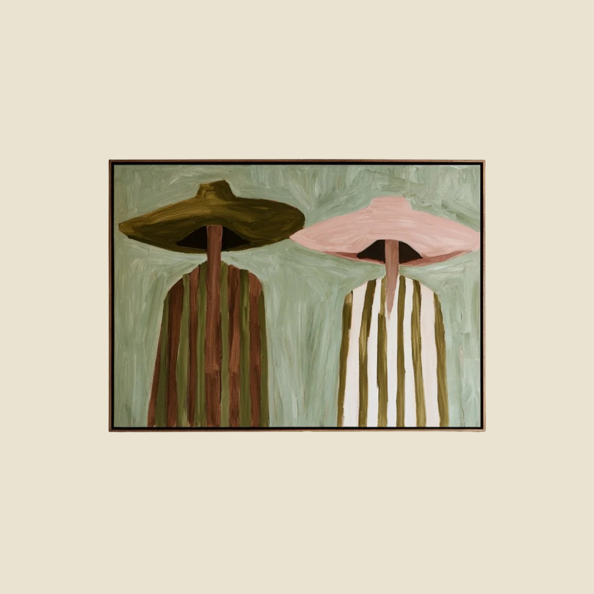A framed abstract painting featuring two stylized human-like figures with wide-brimmed hats, one in dark olive green and brown and the other in light pink and cream, set against a textured sage green background.