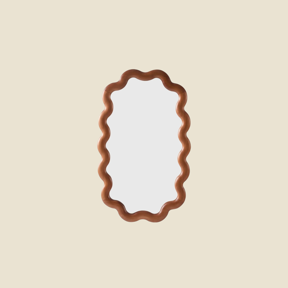 A vertical rectangular mirror with a wavy scalloped copper-brown frame, centered on a solid light beige background.