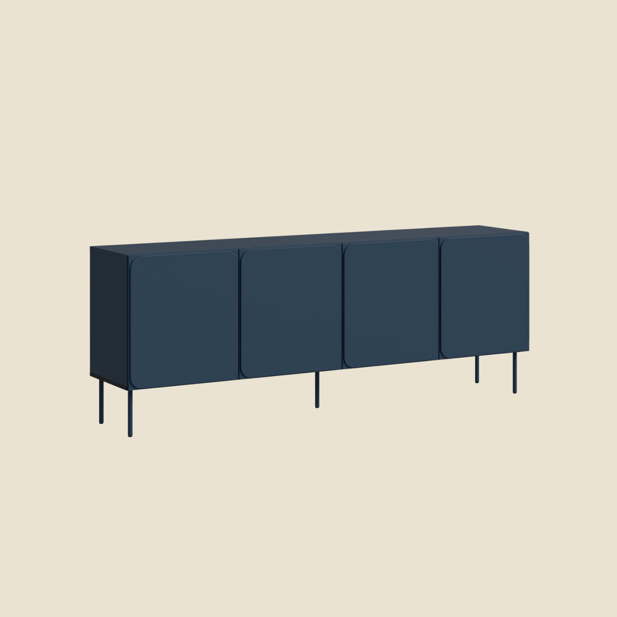 A modern four-door sideboard cabinet in a dark navy blue finish with slim metal legs, shown against a solid light beige background.