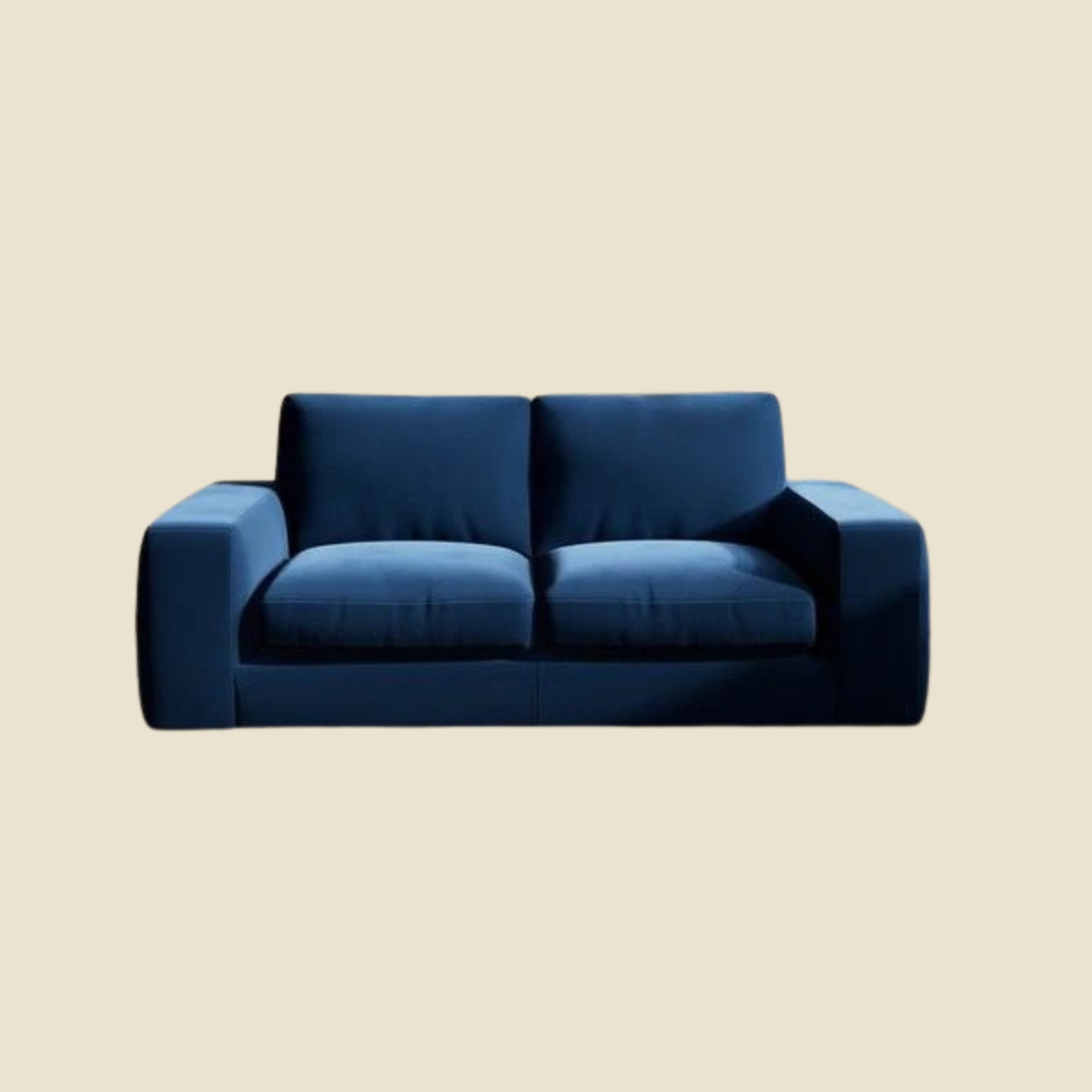 A modern three-seater sofa in deep navy blue velvet, shown against a solid light beige background.