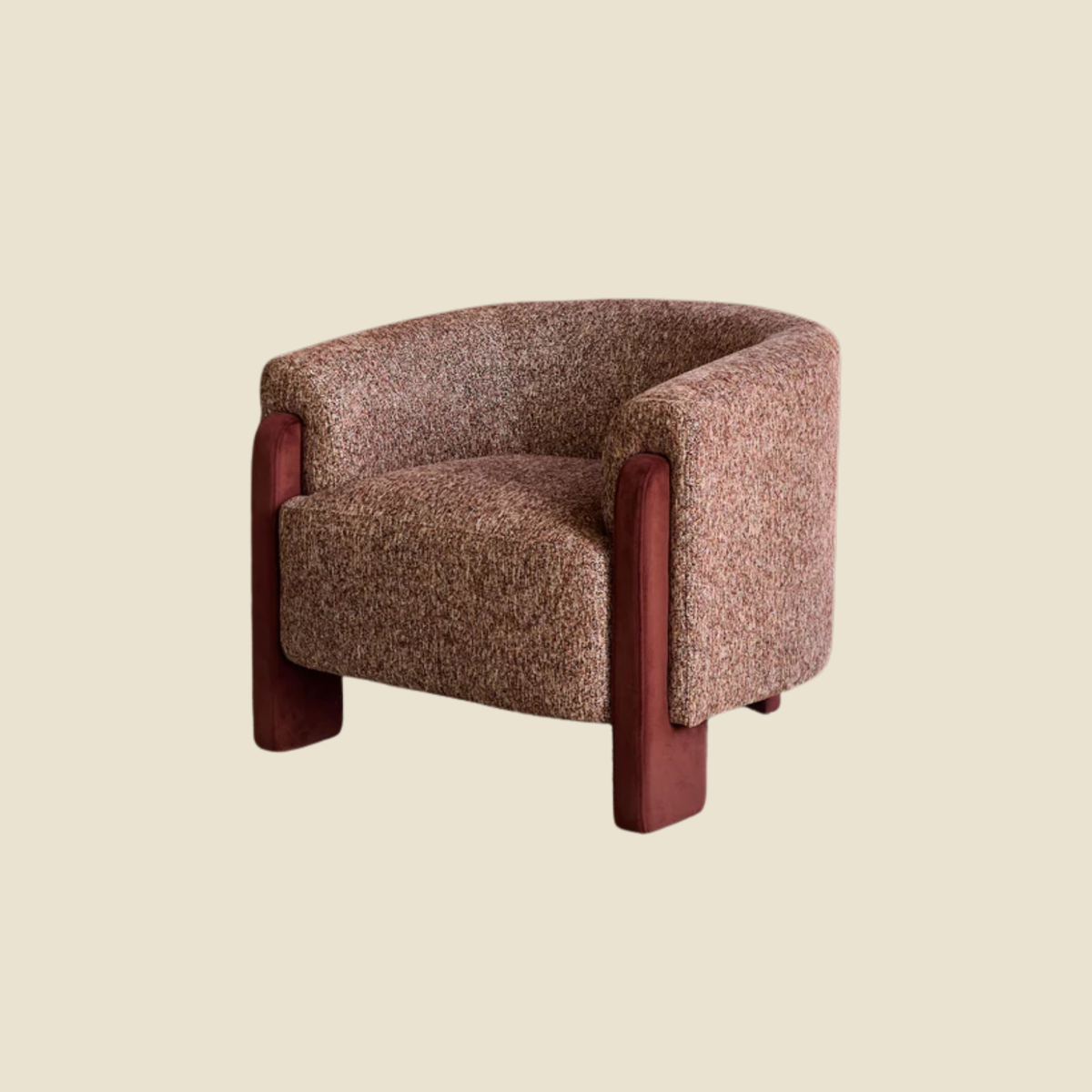 A modern barrel-style armchair with textured brown and beige bouclé upholstery and dark reddish-brown wooden legs, shown against a solid light beige background.