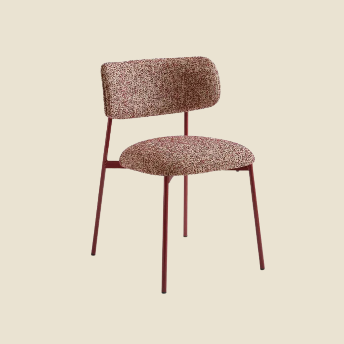 A modern dining chair with a textured, speckled tweed upholstery in reddish-brown and beige tones, supported by a slim, dark red metal frame, shown against a solid light beige background.