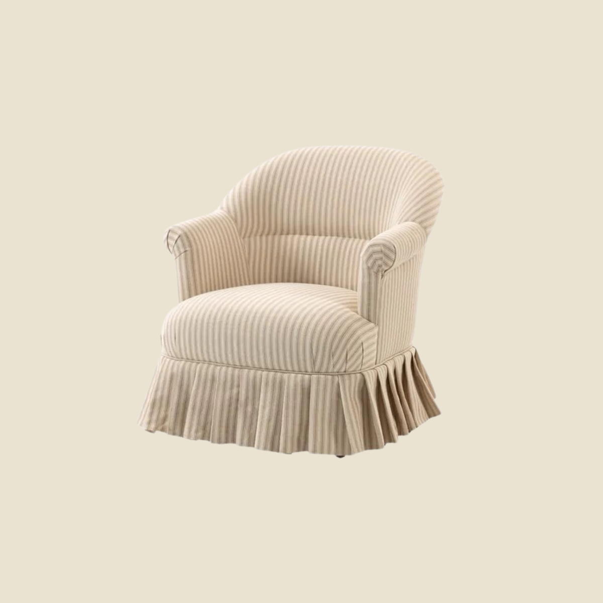 A classic barrel-style armchair upholstered in a beige and cream vertically striped fabric, featuring a skirted base and rolled arms, set against a solid light beige background.