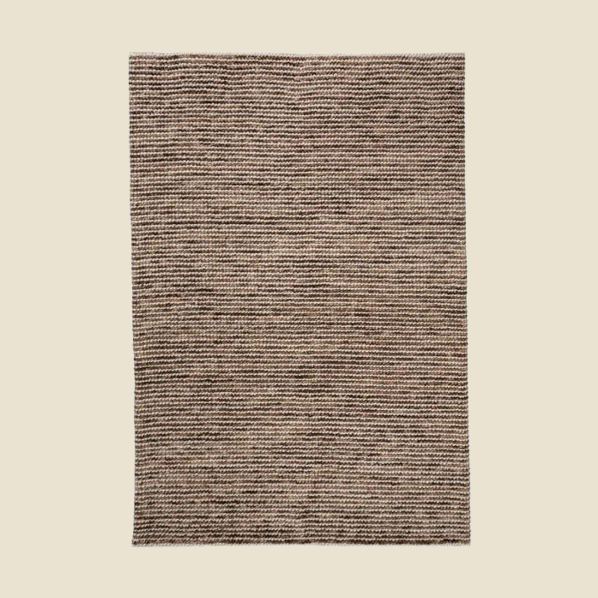 A rectangular area rug with a textured, handwoven horizontal stripe pattern in shades of brown and beige, shown flat against a solid light beige background.