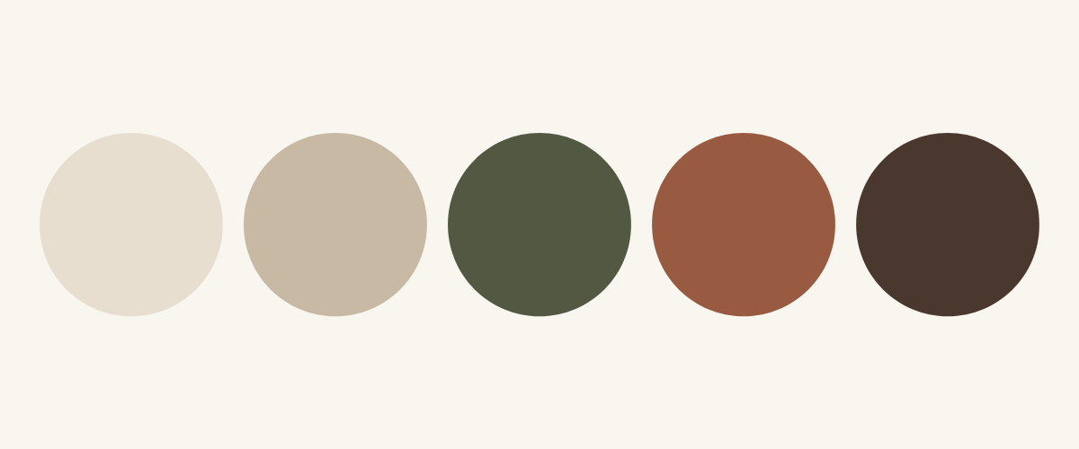 Five circular color swatches arranged in a row on a light cream background, showing neutral and earthy tones: off-white, beige, olive green, muted terracotta, and dark brown.