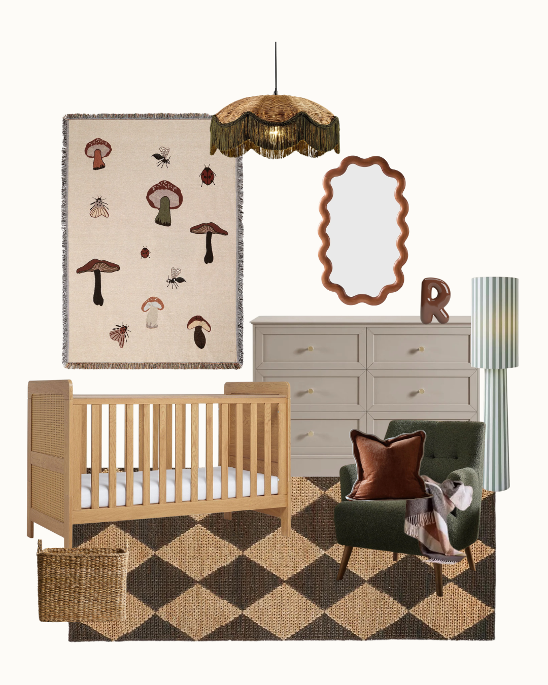 Forest nursery moodboard with an oak cot, olive armchair, graphic rug, mushroom tapestry and natural woven lighting.