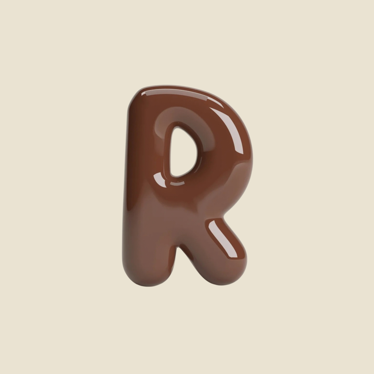 A glossy, three-dimensional letter 'R' shaped like a chocolate drizzle or caramel, shown on a solid light beige background.