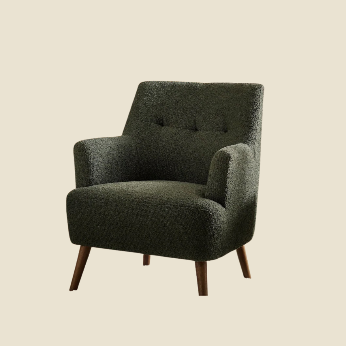 A mid-century modern armchair upholstered in a dark olive green bouclé fabric, featuring a tufted backrest, angled wooden legs, and a warm beige background.
