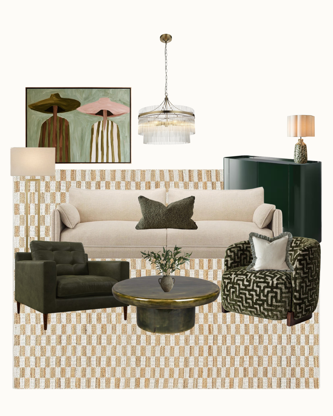 A styled interior furniture arrangement on a patterned rug, featuring a cream sofa, two dark green armchairs, a round dark green coffee table, a dark green sideboard, a hanging pendant light, a floor lamp, and framed wall art against a white background.