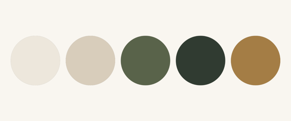 Five circular color swatches arranged in a row on a light cream background: off-white, warm beige, muted olive green, very dark green, and earthy brown.