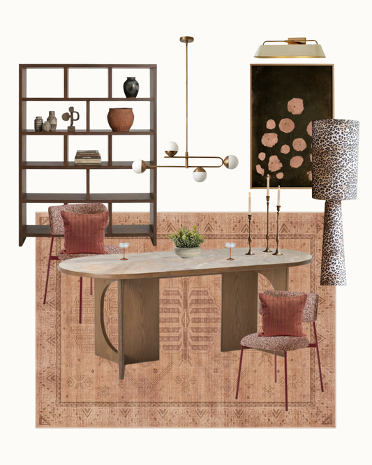 A styled interior design composition featuring a large oval dining table with a light stone top and dark wood base, two upholstered chairs with rust-red cushions, a tall shelving unit, a wall-mounted art piece, a hanging brass chandelier, a patterned floor lamp, and a large patterned area rug on a white background.