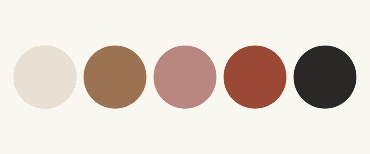 Five circular color swatches arranged in a row on a light cream background: off-white, warm brown, dusty rose, terracotta, and black.
