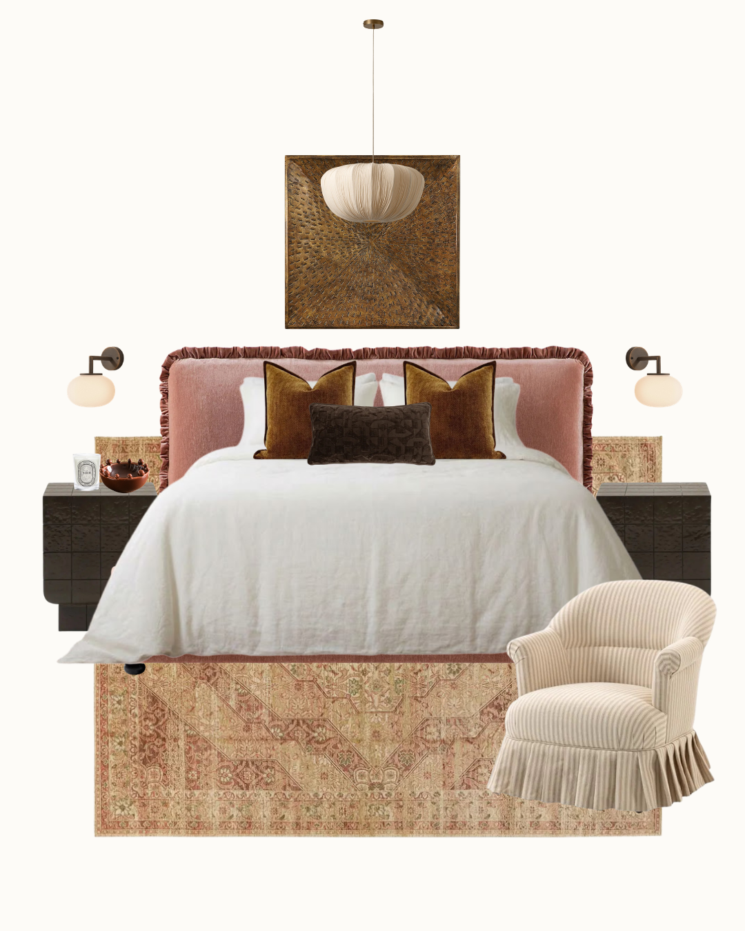 A styled bedroom furniture and decor set on a white background, featuring a bed with a dusty pink upholstered headboard, white bedding, brown accent pillows, a beige fringed armchair, a patterned area rug, wall sconces, a hanging pendant light, and a framed artwork.