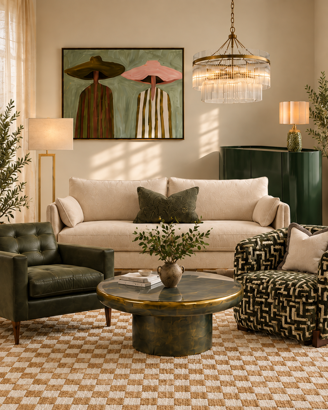 A styled living room featuring a cream-colored sofa, a dark green leather armchair, a patterned accent chair, a round bronze coffee table, and a colorful abstract painting on the beige wall.
